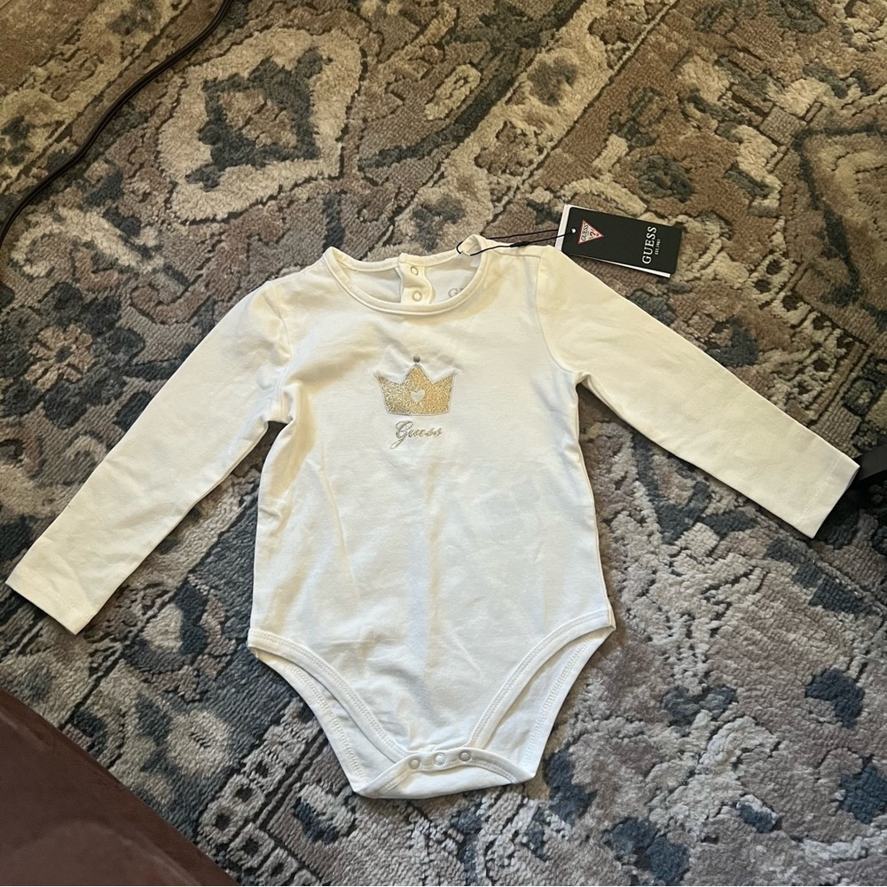 Guess Cream Long Sleeve Baby Onesie